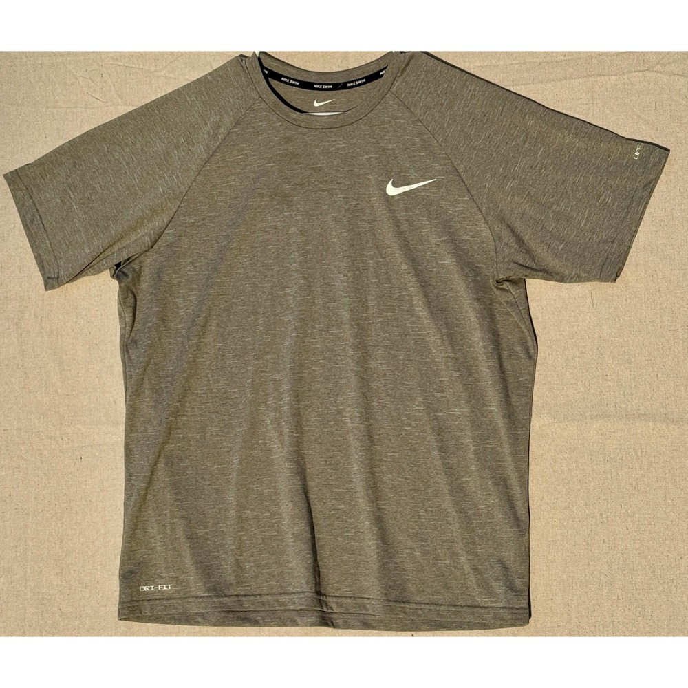 Nike Swim Mens Dri-FIT Rash Guard Short Sleeve Heather Olive Green NESSA589 L